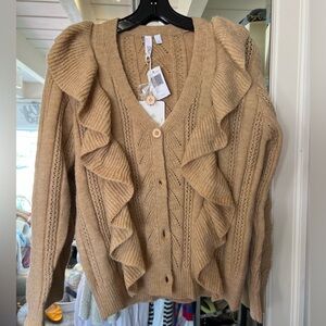 Elan Tan Ruffled Cardigan Sweater